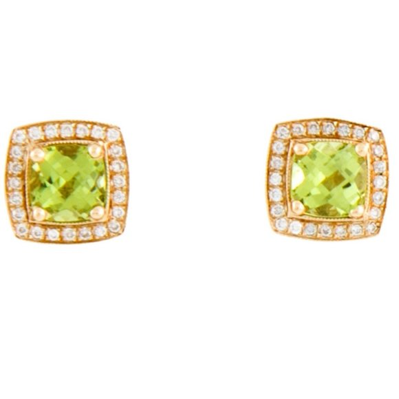 STUNNING 14K YELLOW GOLD DIAMOND & CUSHION CUT PERIDOT STUD EARRINGS